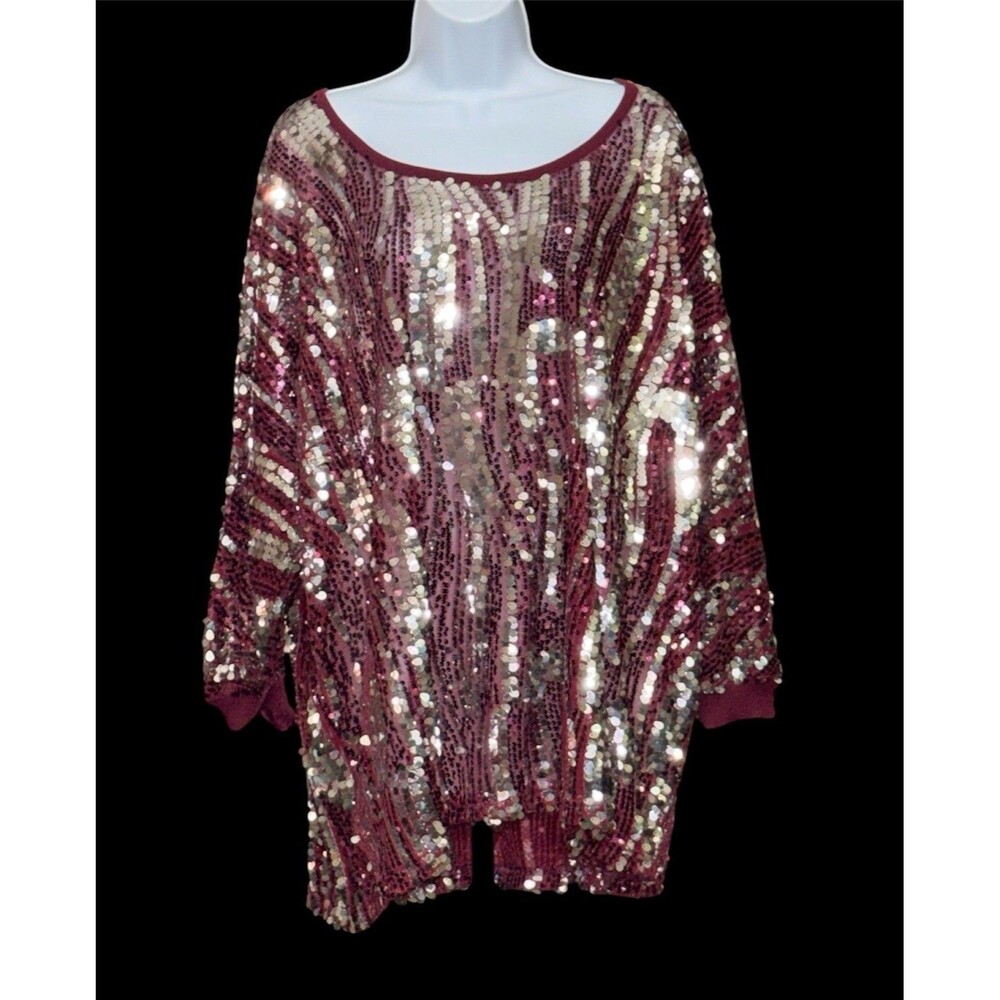 Joan Boyce 1X Plus Size Sequin Tunic Top Burgundy Silver Sparkle 3/4 Sleeve